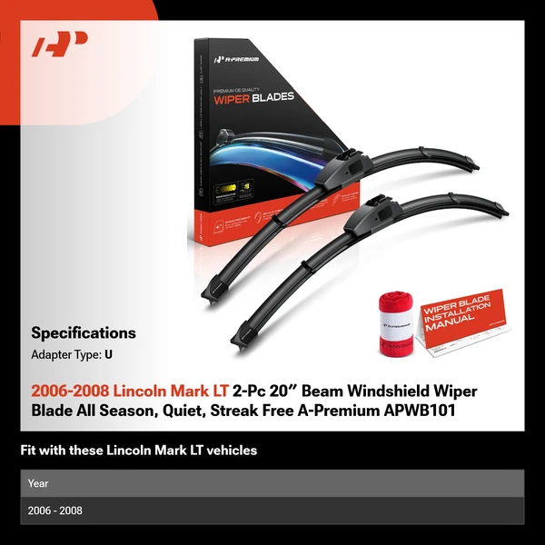 2006-2008 Lincoln Mark LT 2-Pc 20″ Beam Windshield Wiper Blade All Season, Quiet, Streak Free A-Premium APWB101
