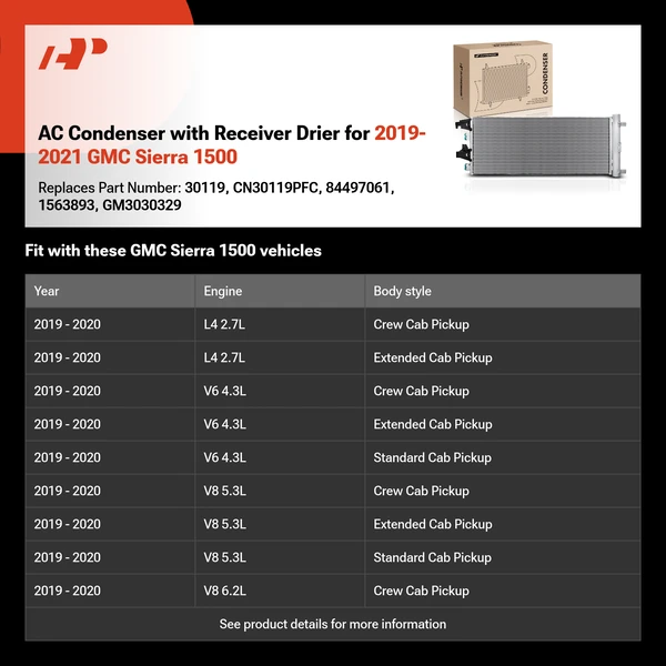 AC Condenser with Receiver Drier for 2019-2021 GMC Sierra 1500