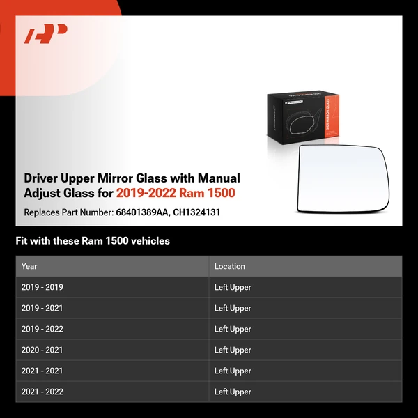 Driver Upper Mirror Glass with Manual Adjust Glass for 2019-2022 Ram 1500