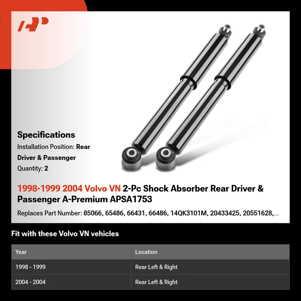 1998-1999 2004 Volvo VN 2-Pc Shock Absorber Rear Driver & Passenger A-Premium APSA1753