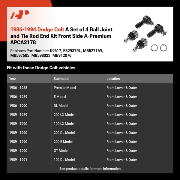 1986-1994 Dodge Colt A Set of 4 Ball Joint and Tie Rod End Kit Front Side A-Premium APCA2178