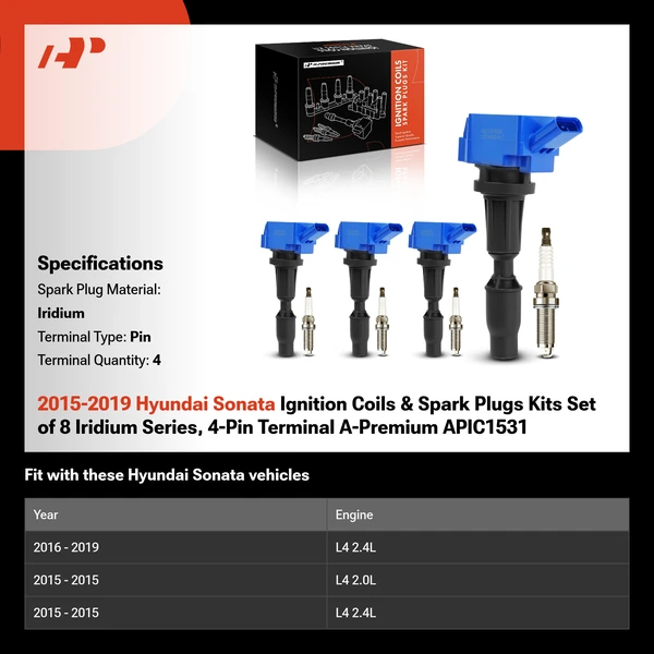 2015-2019 Hyundai Sonata Ignition Coils & Spark Plugs Kits Set of 8 Iridium Series, 4-Pin Terminal A-Premium APIC1531