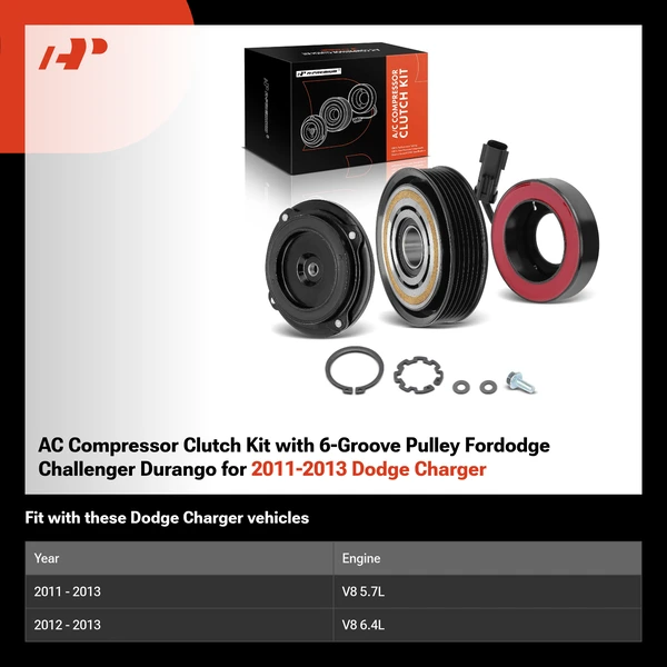 AC Compressor Clutch Kit with 6-Groove Pulley Fordodge Challenger Durango for 2011-2013 Dodge Charger