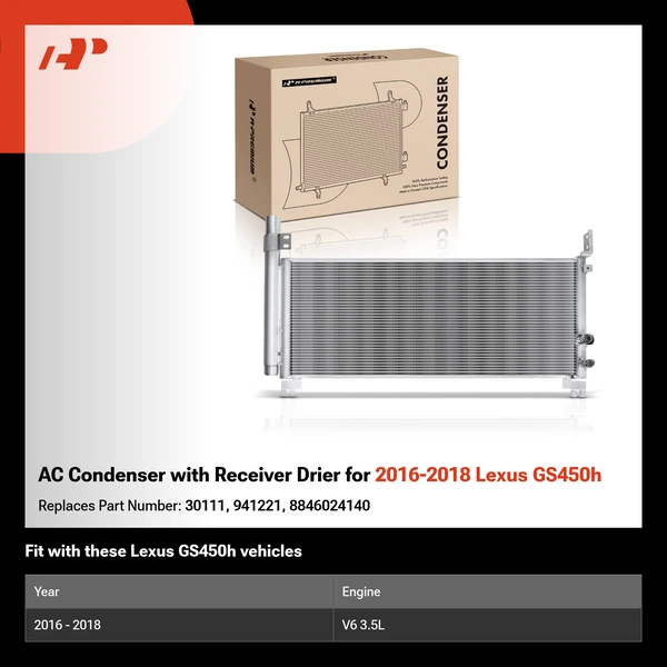 AC Condenser with Receiver Drier for 2016-2018 Lexus GS450h