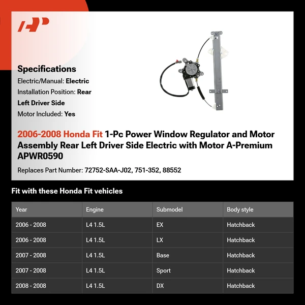 2006-2008 Honda Fit 1-Pc Power Window Regulator and Motor Assembly Rear Left Driver Side Electric with Motor A-Premium APWR0590