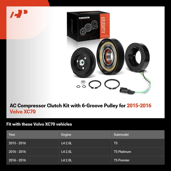 AC Compressor Clutch Kit with 6-Groove Pulley for 2015-2016 Volvo XC70
