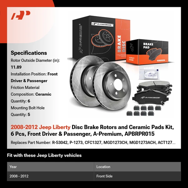 2008-2012 Jeep Liberty Disc Brake Rotors and Ceramic Pads Kit, 6 Pcs, Front Driver & Passenger, A-Premium, APBRPR015