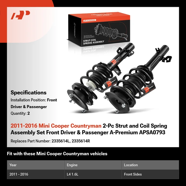 2011-2016 Mini Cooper Countryman 2-Pc Strut and Coil Spring Assembly Set Front Driver & Passenger A-Premium APSA0793