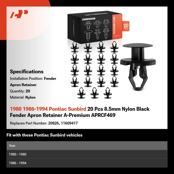 1980 1986-1994 Pontiac Sunbird 20 Pcs 8.5mm Nylon Black Fender Apron Retainer A-Premium APRCF469