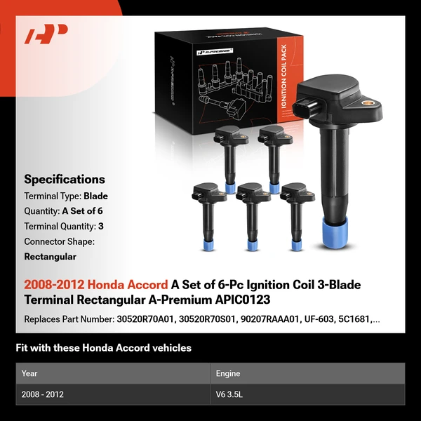 2008-2012 Honda Accord A Set of 6-Pc Ignition Coil 3-Blade Terminal Rectangular A-Premium APIC0123