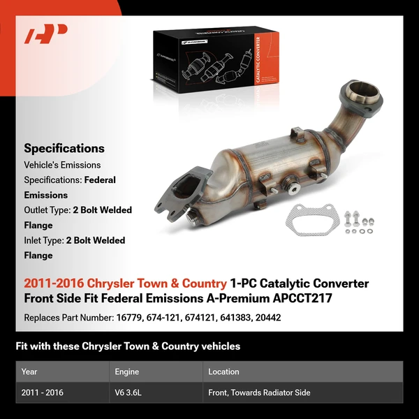 2011-2016 Chrysler Town & Country 1-PC Catalytic Converter Front Side Fit Federal Emissions A-Premium APCCT217