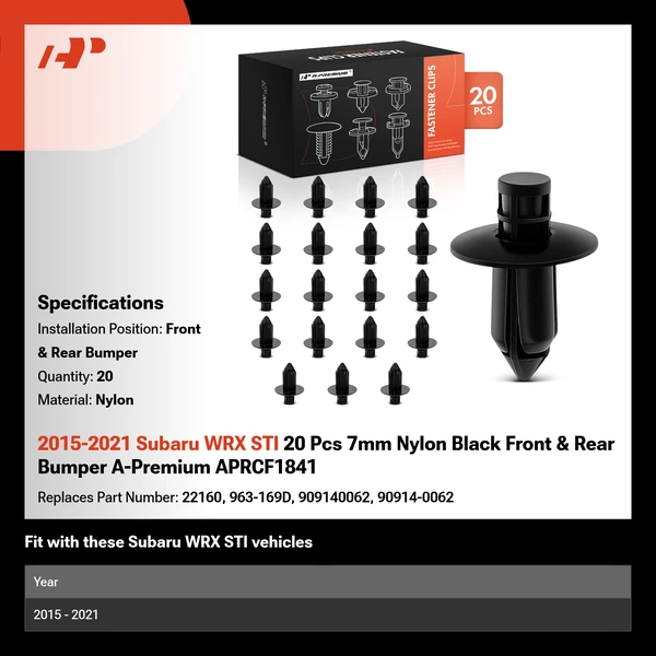 2015-2021 Subaru WRX STI 20 Pcs 7mm Nylon Black Front & Rear Bumper A-Premium APRCF1841