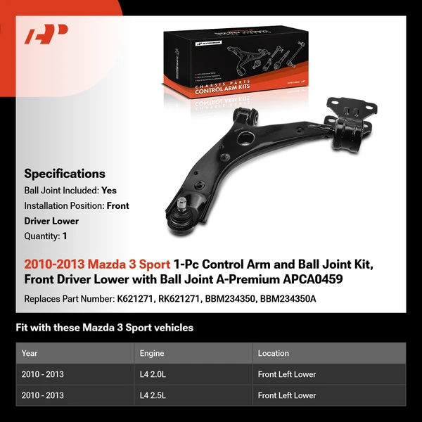 2010-2013 Mazda 3 Sport 1-Pc Control Arm and Ball Joint Kit, Front Driver Lower with Ball Joint A-Premium APCA0459