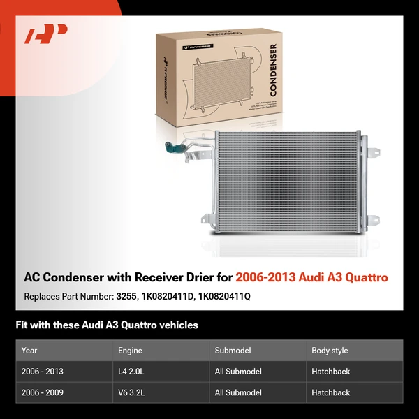 AC Condenser with Receiver Drier for 2006-2013 Audi A3 Quattro