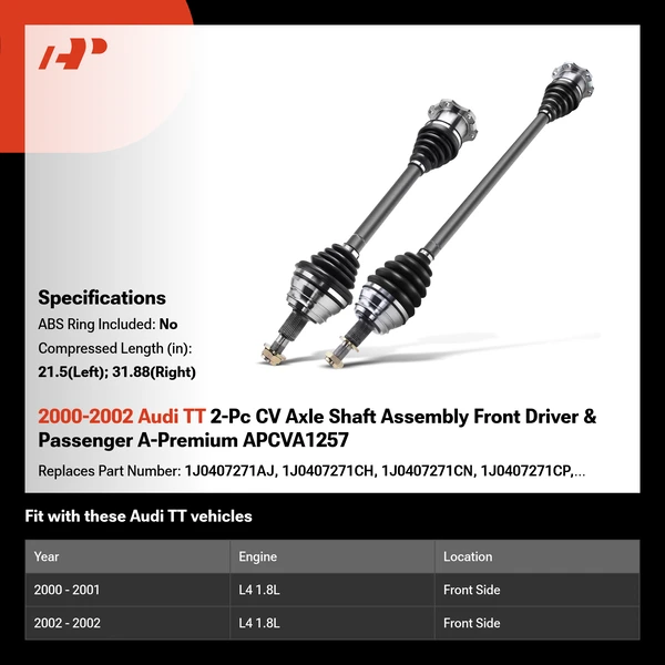 2000-2002 Audi TT 2-Pc CV Axle Shaft Assembly Front Driver & Passenger A-Premium APCVA1257