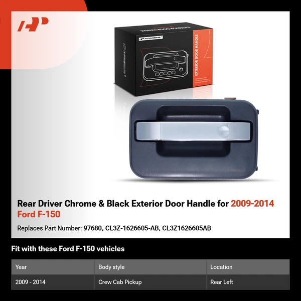 Rear Driver Chrome & Black Exterior Door Handle for 2009-2014 Ford F-150