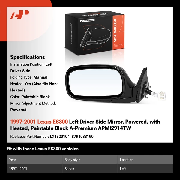 1997-2001 Lexus ES300 Left Driver Side Mirror, Powered, with Heated, Paintable Black A-Premium APMI2914TW
