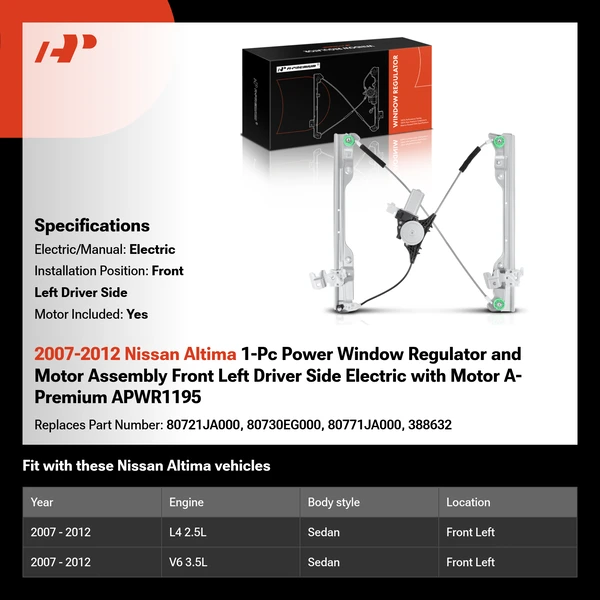 2007-2012 Nissan Altima 1-Pc Power Window Regulator and Motor Assembly Front Left Driver Side Electric with Motor A-Premium APWR1195