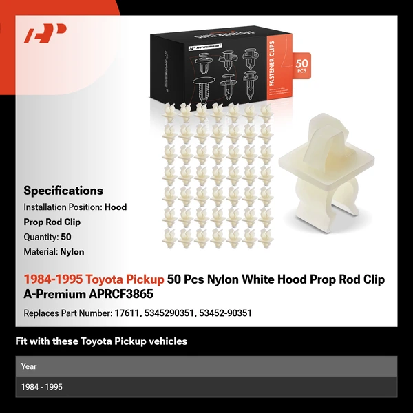 1984-1995 Toyota Pickup 50 Pcs Nylon White Hood Prop Rod Clip A-Premium APRCF3865