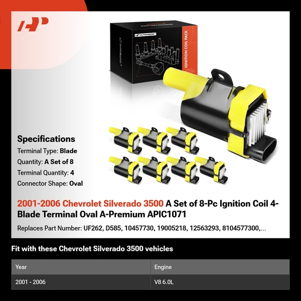 2001-2006 Chevrolet Silverado 3500 A Set of 8-Pc Ignition Coil 4-Blade Terminal Oval A-Premium APIC1071