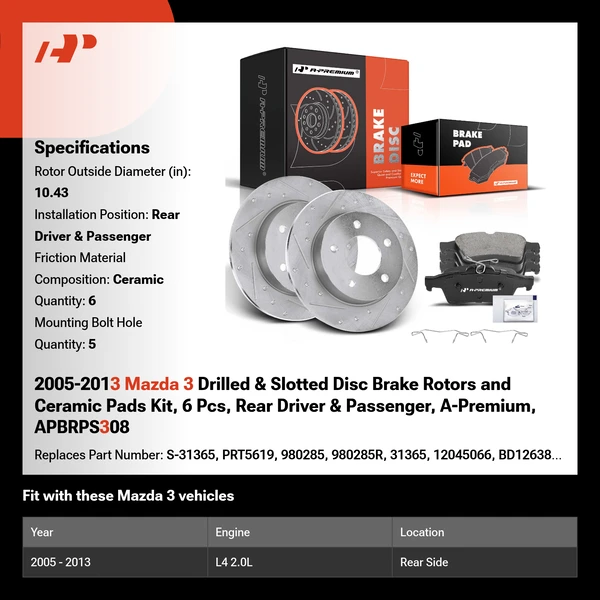 2005-2013 Mazda 3 Drilled & Slotted Disc Brake Rotors and Ceramic Pads Kit, 6 Pcs, Rear Driver & Passenger, A-Premium, APBRPS308