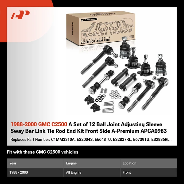 1988-2000 GMC C2500 A Set of 12 Ball Joint Adjusting Sleeve Sway Bar Link Tie Rod End Kit Front Side A-Premium APCA0983