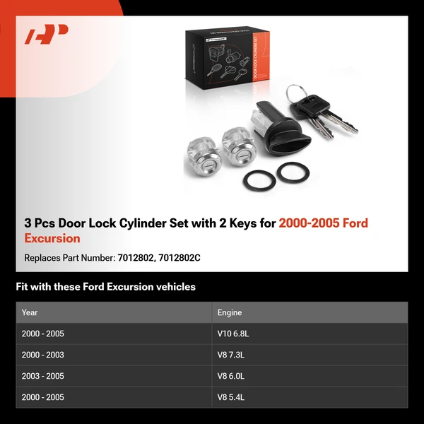 3 Pcs Door Lock Cylinder Set with 2 Keys for 2000-2005 Ford Excursion