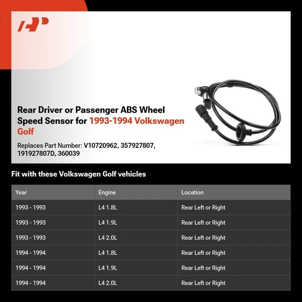 Rear Driver or Passenger ABS Wheel Speed Sensor for 1993-1994 Volkswagen Golf