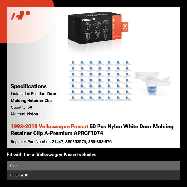 1998-2010 Volkswagen Passat 50 Pcs Nylon White Door Molding Retainer Clip A-Premium APRCF1074