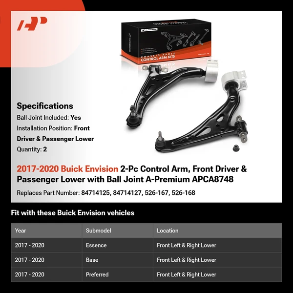 2017-2020 Buick Envision 2-Pc Control Arm, Front Driver & Passenger Lower with Ball Joint A-Premium APCA8748