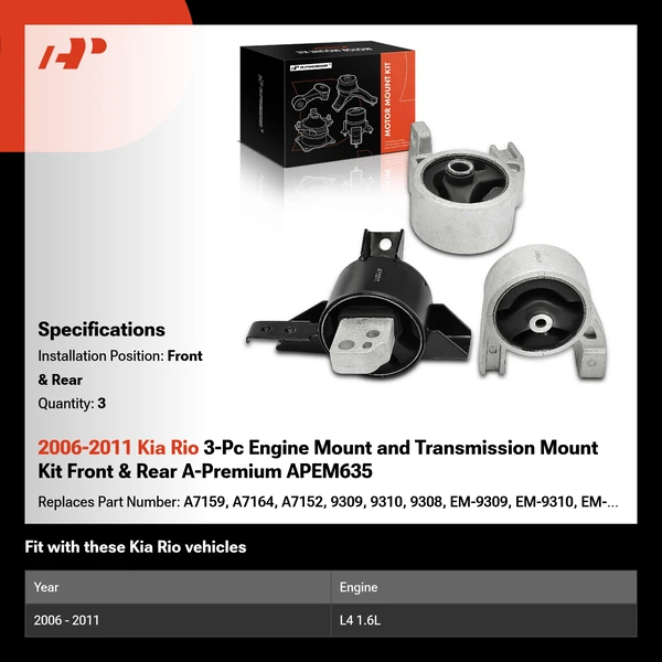 2006-2011 Kia Rio 3-Pc Engine Mount and Transmission Mount Kit Front & Rear A-Premium APEM635