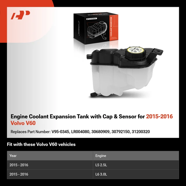 Engine Coolant Expansion Tank with Cap & Sensor for 2015-2016 Volvo V60