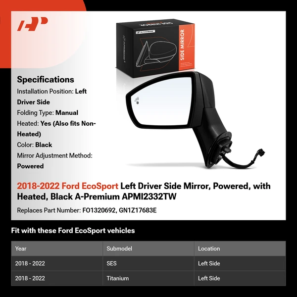 2018-2022 Ford EcoSport Left Driver Side Mirror, Powered, with Heated, Black A-Premium APMI2332TW