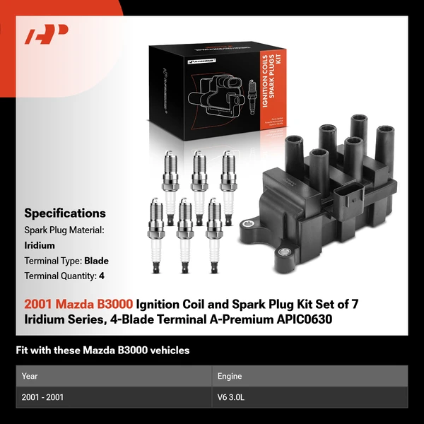 2001 Mazda B3000 Ignition Coil and Spark Plug Kit Set of 7 Iridium Series, 4-Blade Terminal A-Premium APIC0630