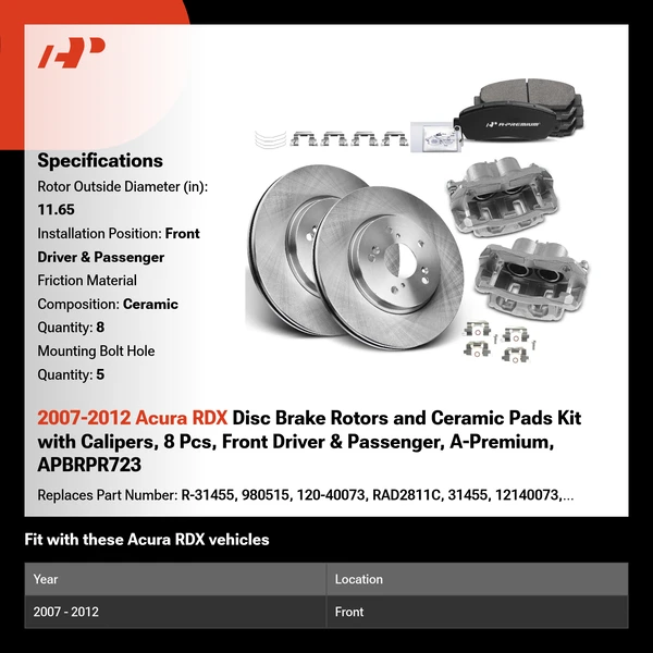 2007-2012 Acura RDX Disc Brake Rotors and Ceramic Pads Kit with Calipers, 8 Pcs, Front Driver & Passenger, A-Premium, APBRPR723
