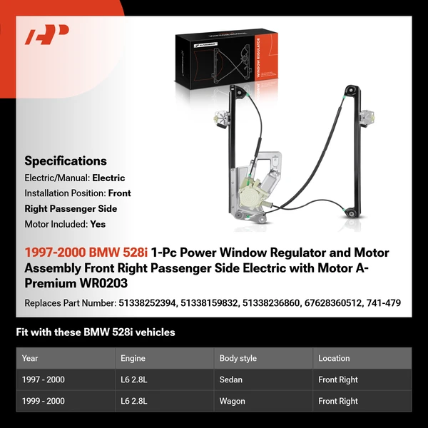 1997-2000 BMW 528i 1-Pc Power Window Regulator and Motor Assembly Front Right Passenger Side Electric with Motor A-Premium WR0203