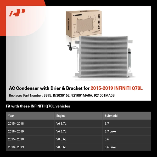 AC Condenser with Drier & Bracket for 2015-2019 INFINITI Q70L