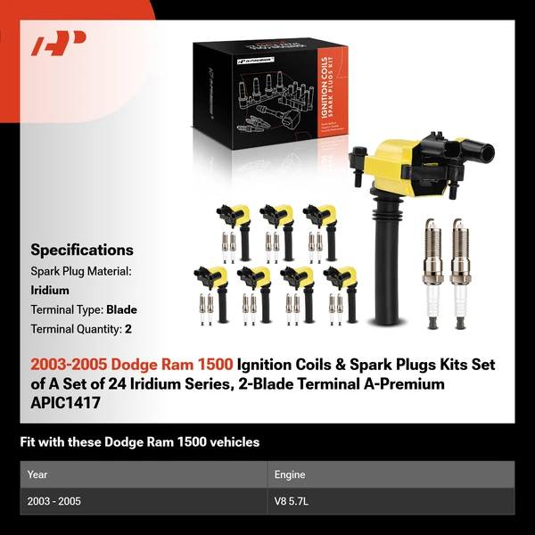 2003-2005 Dodge Ram 1500 Ignition Coils & Spark Plugs Kits Set of A Set of 24 Iridium Series, 2-Blade Terminal A-Premium APIC1417
