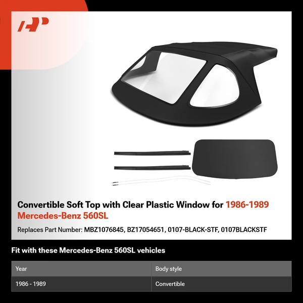 Convertible Soft Top with Clear Plastic Window for 1986-1989 Mercedes-Benz 560SL