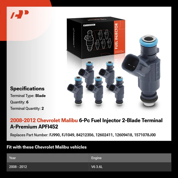 2008-2012 Chevrolet Malibu 6-Pc Fuel Injector 2-Blade Terminal A-Premium APFI452