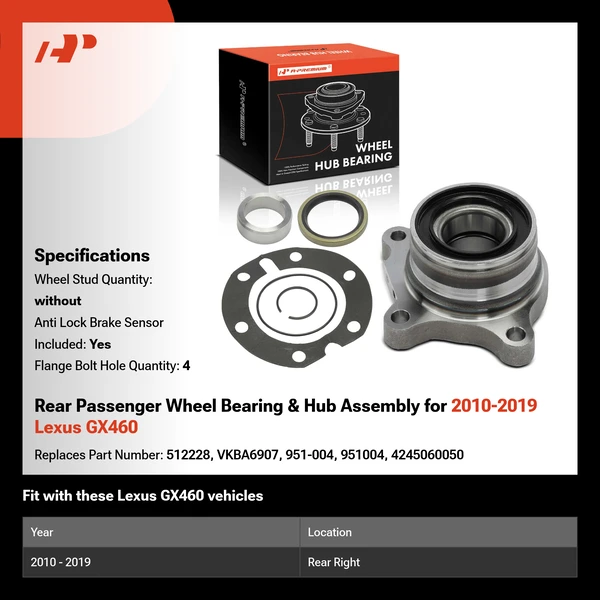 Rear Passenger Wheel Bearing & Hub Assembly for 2010-2019 Lexus GX460