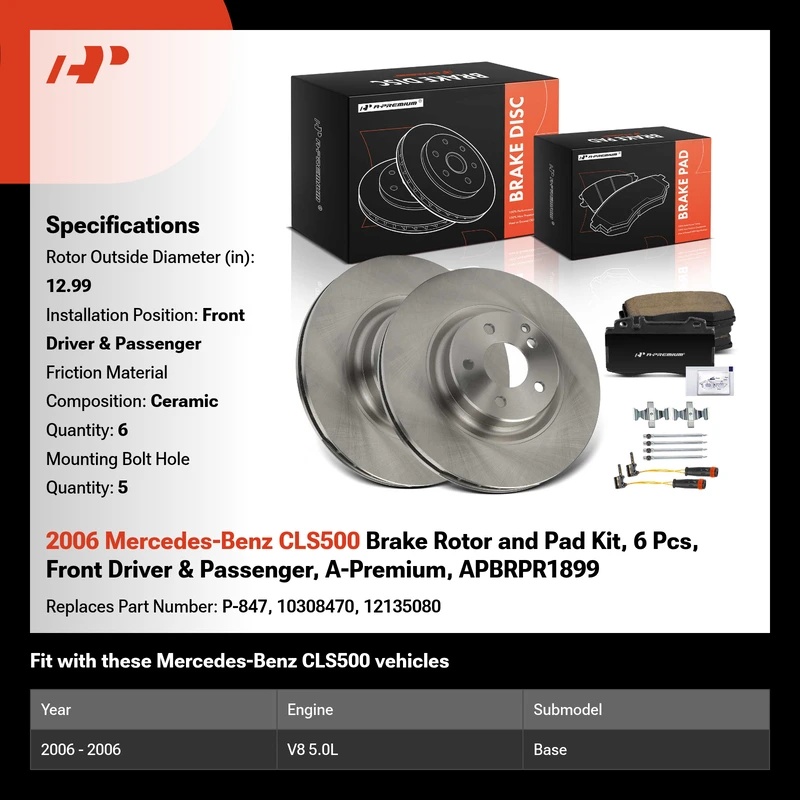 2006 Mercedes-Benz CLS500 Brake Rotor and Pad Kit, 6 Pcs, Front Driver & Passenger, A-Premium, APBRPR1899