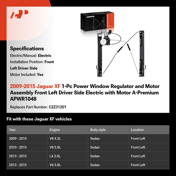 2009-2015 Jaguar XF 1-Pc Power Window Regulator and Motor Assembly Front Left Driver Side Electric with Motor A-Premium APWR1048