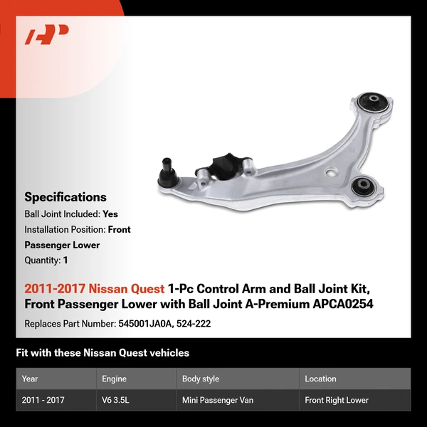 2011-2017 Nissan Quest 1-Pc Control Arm and Ball Joint Kit, Front Passenger Lower with Ball Joint A-Premium APCA0254
