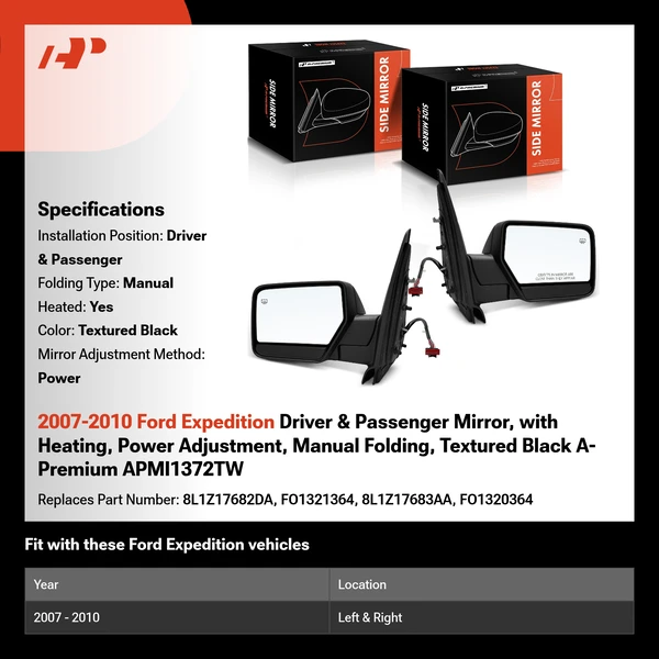 2007-2010 Ford Expedition Driver & Passenger Mirror, with Heating, Power Adjustment, Manual Folding, Textured Black A-Premium APMI1372TW