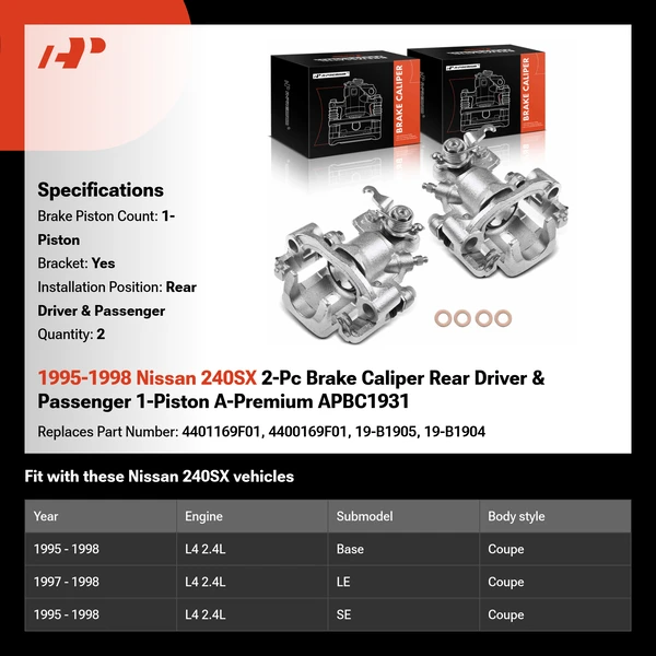 1995-1998 Nissan 240SX 2-Pc Brake Caliper Rear Driver & Passenger 1-Piston A-Premium APBC1931
