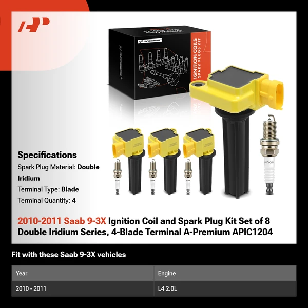 2010-2011 Saab 9-3X Ignition Coil and Spark Plug Kit Set of 8 Double Iridium Series, 4-Blade Terminal A-Premium APIC1204