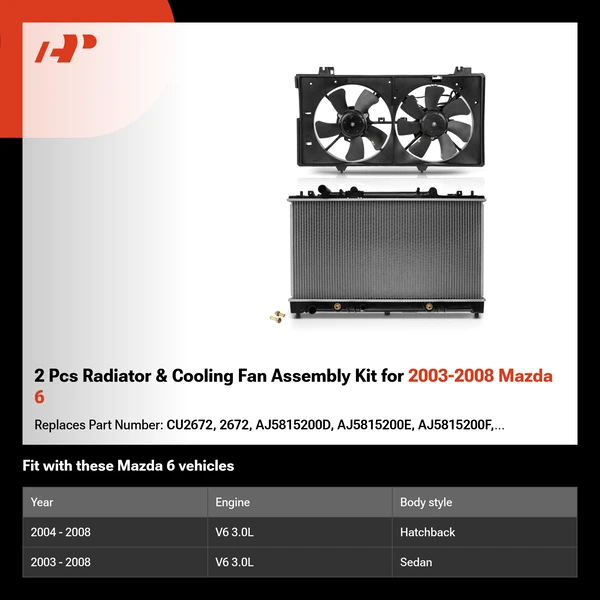 2 Pcs Radiator & Cooling Fan Assembly Kit for 2003-2008 Mazda 6