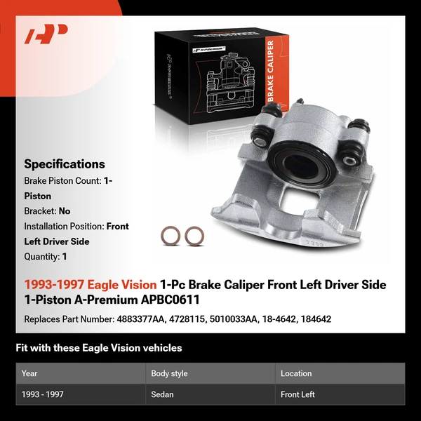 1993-1997 Eagle Vision 1-Pc Brake Caliper Front Left Driver Side 1-Piston A-Premium APBC0611