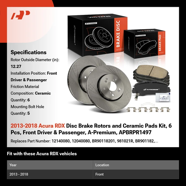 2013-2018 Acura RDX Disc Brake Rotors and Ceramic Pads Kit, 6 Pcs, Front Driver & Passenger, A-Premium, APBRPR1497